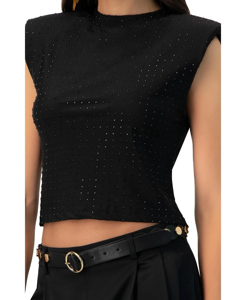 Ivonne Women's Padded-Shoulder Cropped Rhinestone Top