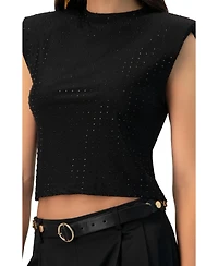 Ivonne Women's Padded-Shoulder Cropped Rhinestone Top