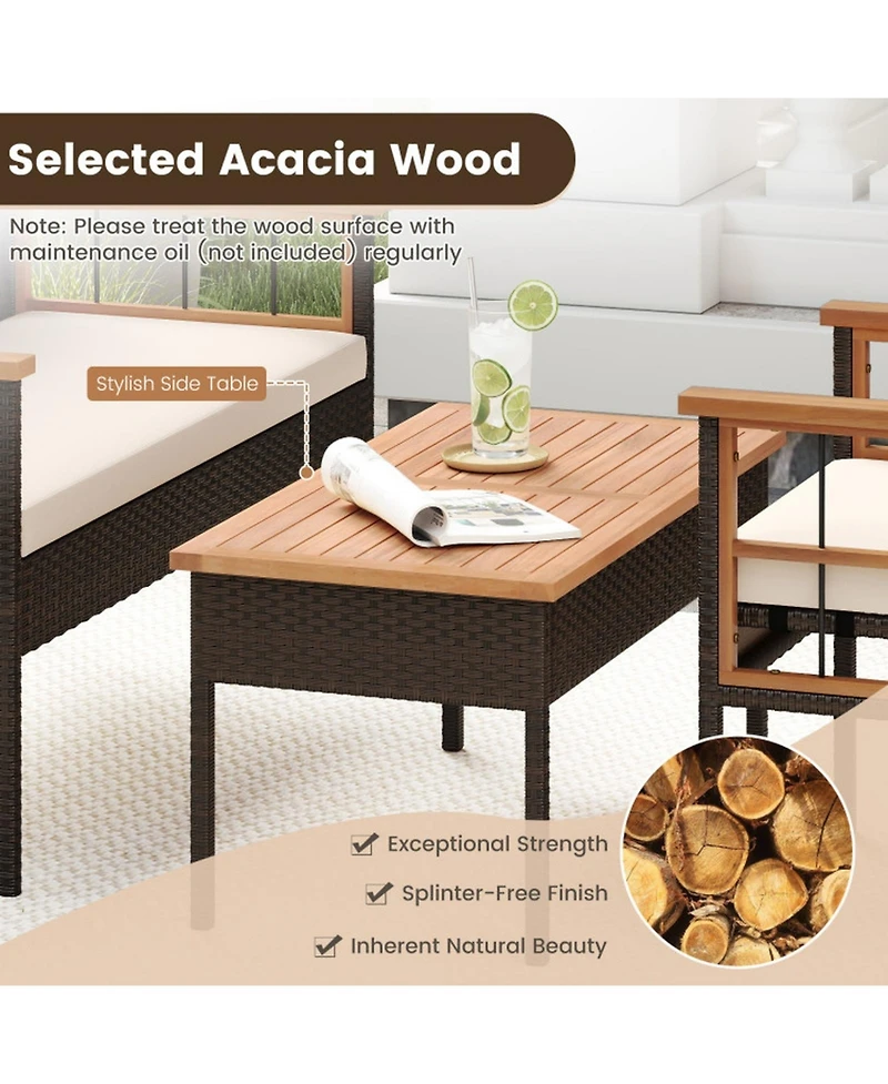 Sugift Wicker Furniture Set with Acacia Wood Tabletop and Armrests for Porch