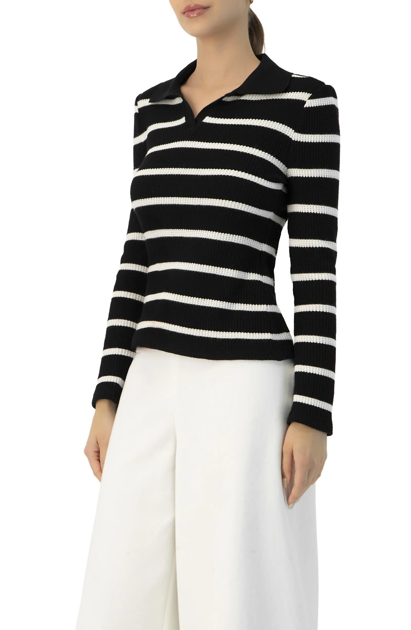 Ivonne Women's Knitted Striped Long Sleeve Polo