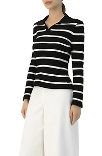 Ivonne Women's Knitted Striped Long Sleeve Polo