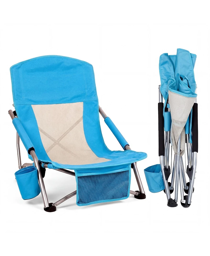 gaomon Portable Folding Low Beach Chair with Cup Holder, Storage Pocket for Camping, Beach, Travel