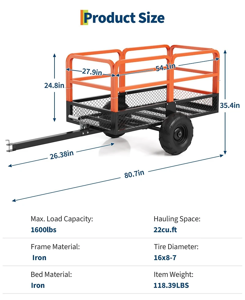 homfan Heavy-Duty Atv Dump Cart w/ 1600 lb Capacity and , Tow-Behind Utility Trailer Foot Pedal Release and All-Terrain Tires
