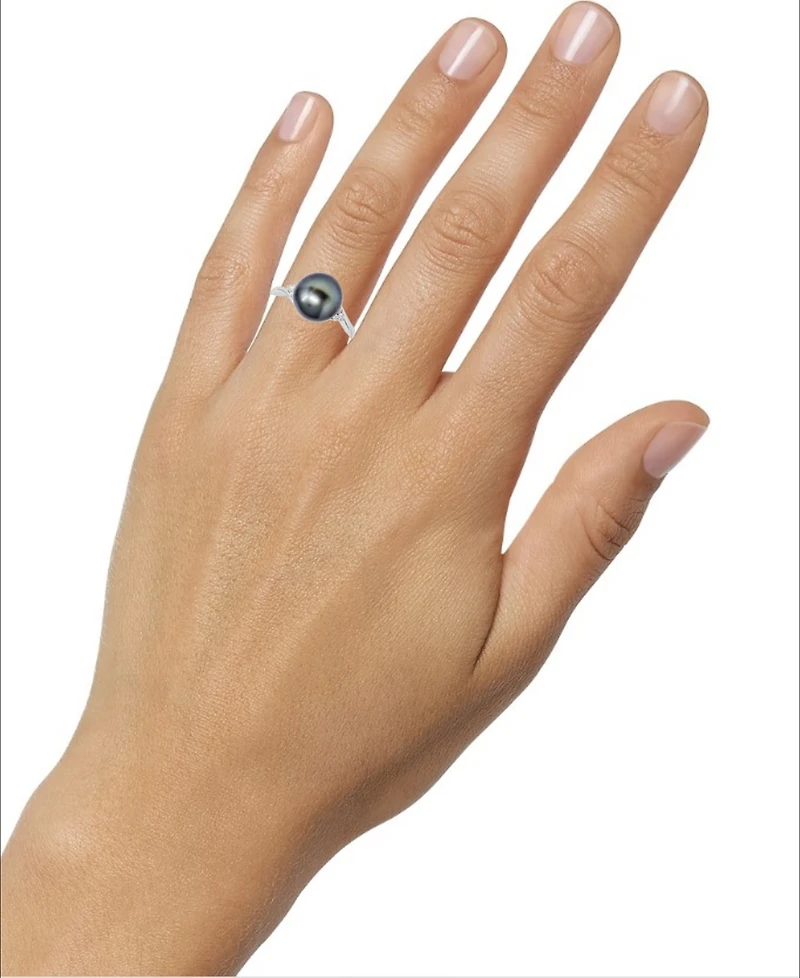 Macy's Cultured Tahitian Pearl (10mm) & Diamond (1/10 ct. t.w.) Ring in 14k White Gold