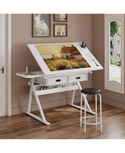 Streamdale Furniture Adjustable Drafting Table Desk with 2 Drawers and Stool
