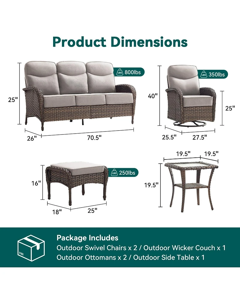 Pocassy Patio Furniture Set with 6in Cushion, All-Weather Wicker Outdoor Conversation Swivel Rocking Chair and 6 Inch Thick Cushions