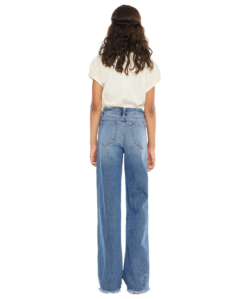 KanCan Girl's Kitty High Rise Slim Wide Leg Hem Detail Jeans
