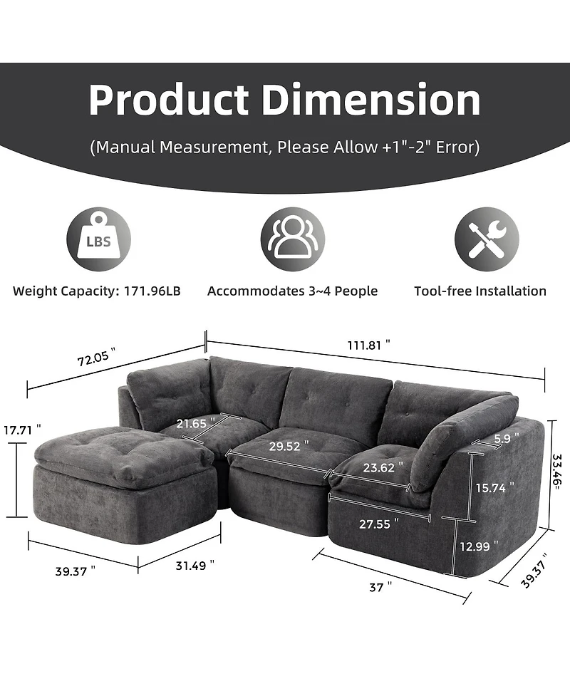 Streamdale Furniture Cloud Deep Seat L-Shape Modular Chenille Sofa