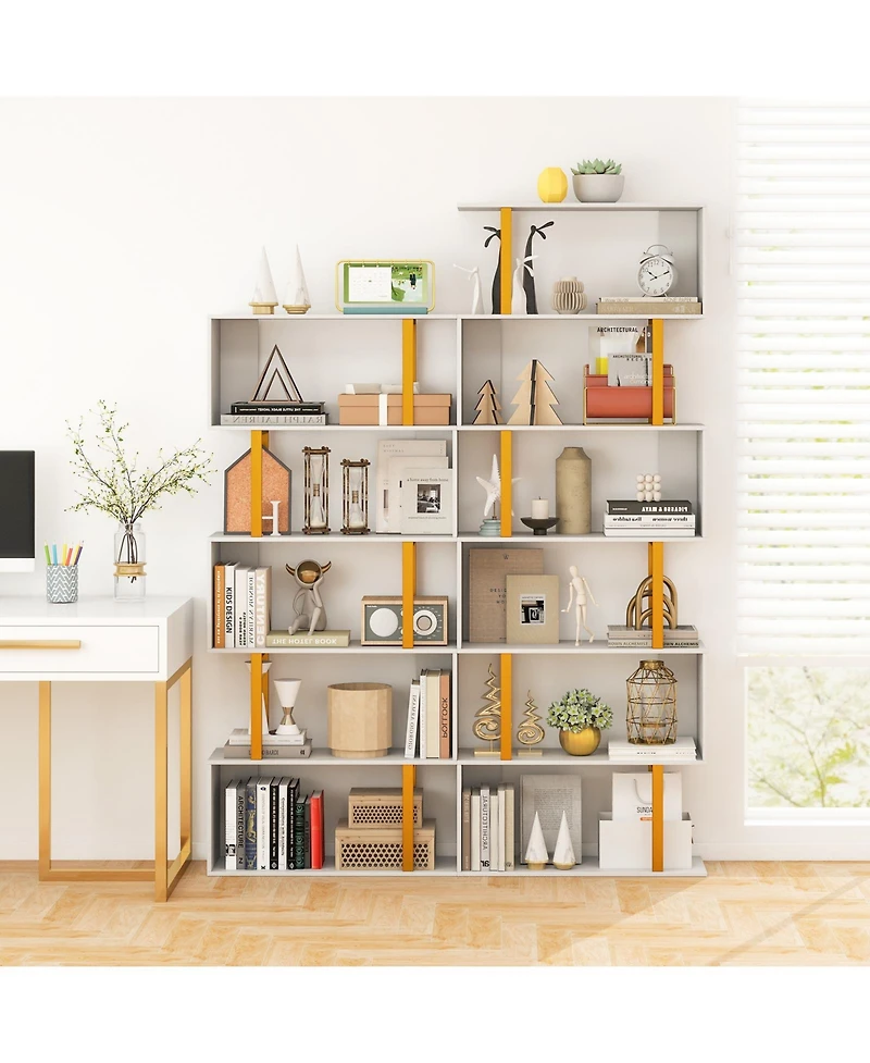 Gymax 2 Pieces 5 Tier Geometric Bookcase 62 Inch S Shaped Bookshelf with Metal Frame
