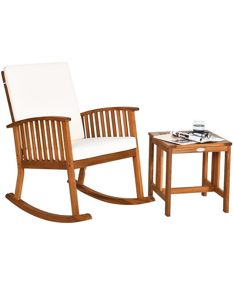 Gymax 2 piece Patio Wooden Rocking Chair Set Garden Outdoor with Coffee Table Cushion