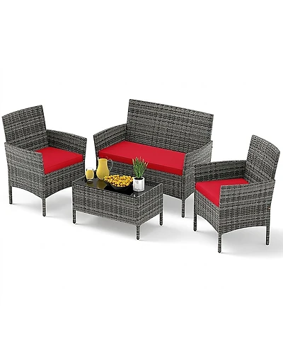 Sugift Patio Rattan Conversation Set with Tempered Glass Coffee Table