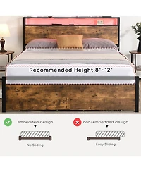 Boyel Living Queen Size Industrial Bed Frame with Storage Headboard Led Lights Charging Station and 2 Underbed Drawers