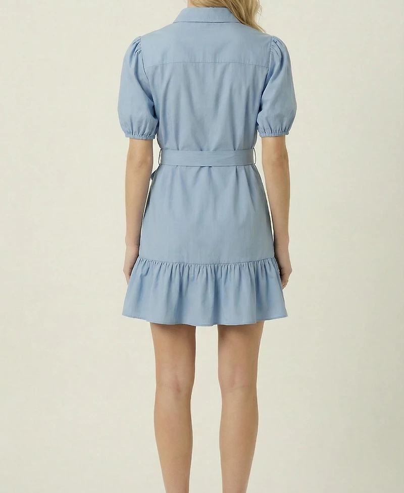 Modenaire Women's Short Sleeve Belted Button-Front Puff-Sleeve Mini Dress