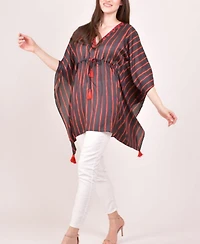 Raas Women's Stripe Floral Embroidered Boho Kaftan Top