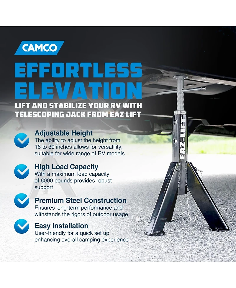 Camco Eaz Lift Adjustable Telescopic Rv Jack, 16 to 30 Inches, 6,000 Pound Capacity