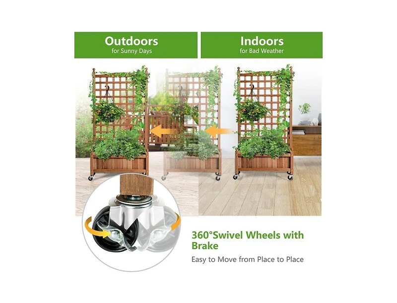 Lucky One 50 Inch Wooden Planter Box with Trellis and Wheels, Raised Garden Bed