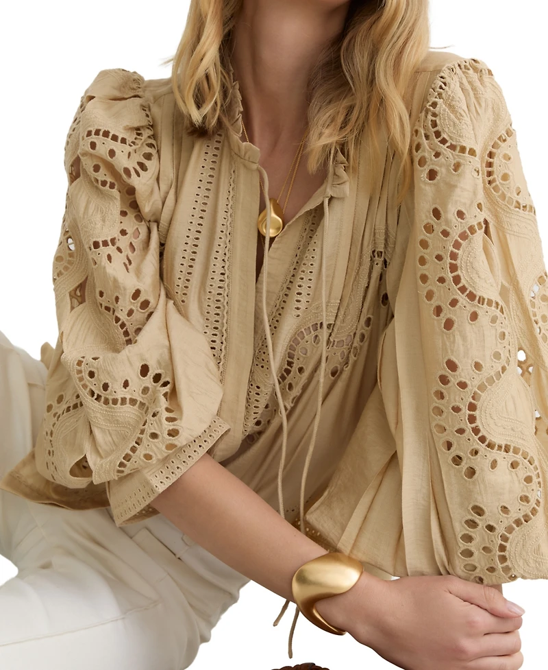 Reiss Women's Broderie Anglaise Tie-Neck Blouse