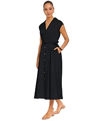 London Times Women's Belted V-Neck Shirt Dress