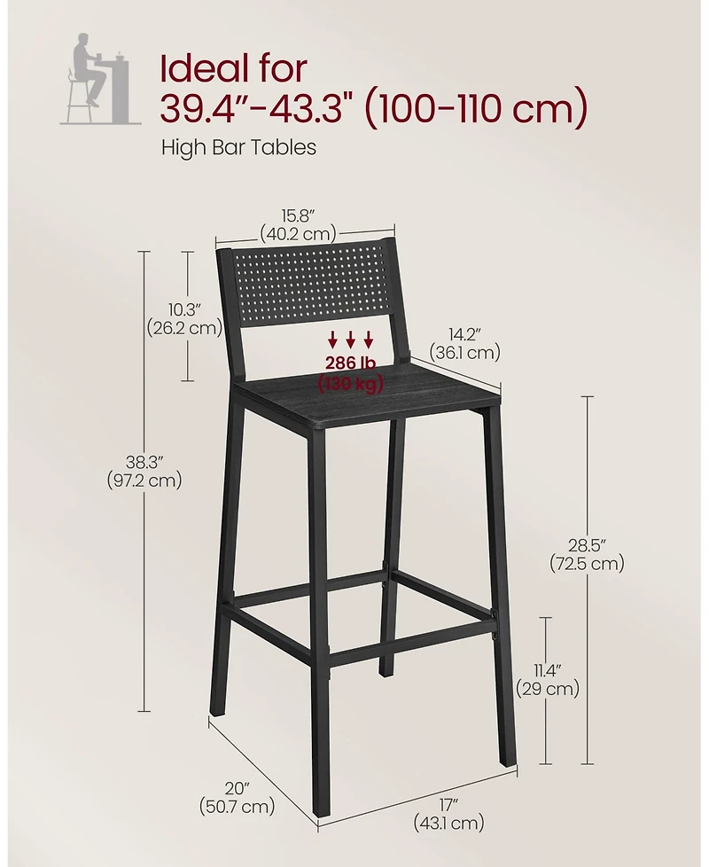 Slickblue Set of 2 Rustic Industrial Bar Stools with Ergonomic Backrest