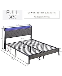 Boyel Living Full Size Upholstered Platform Bed with Led Headboard Charging Station and Noise Free Metal Slats