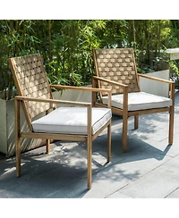 Yiortwo Set of 2 Patio Chairs with Cushions, Wood Grain Metal Outdoor Dining Chairs