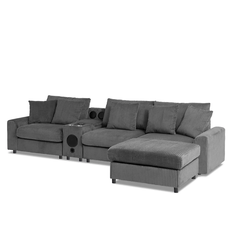 Streamdale Furniture Corduroy Sectional Sofa with Bluetooth, Usb, Cup Holders, Storage, Ottoman, Cloud Seat