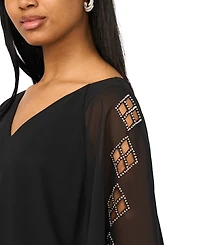 Msk Women's V-Neck 3/4-Length Sleeve Blouson Top