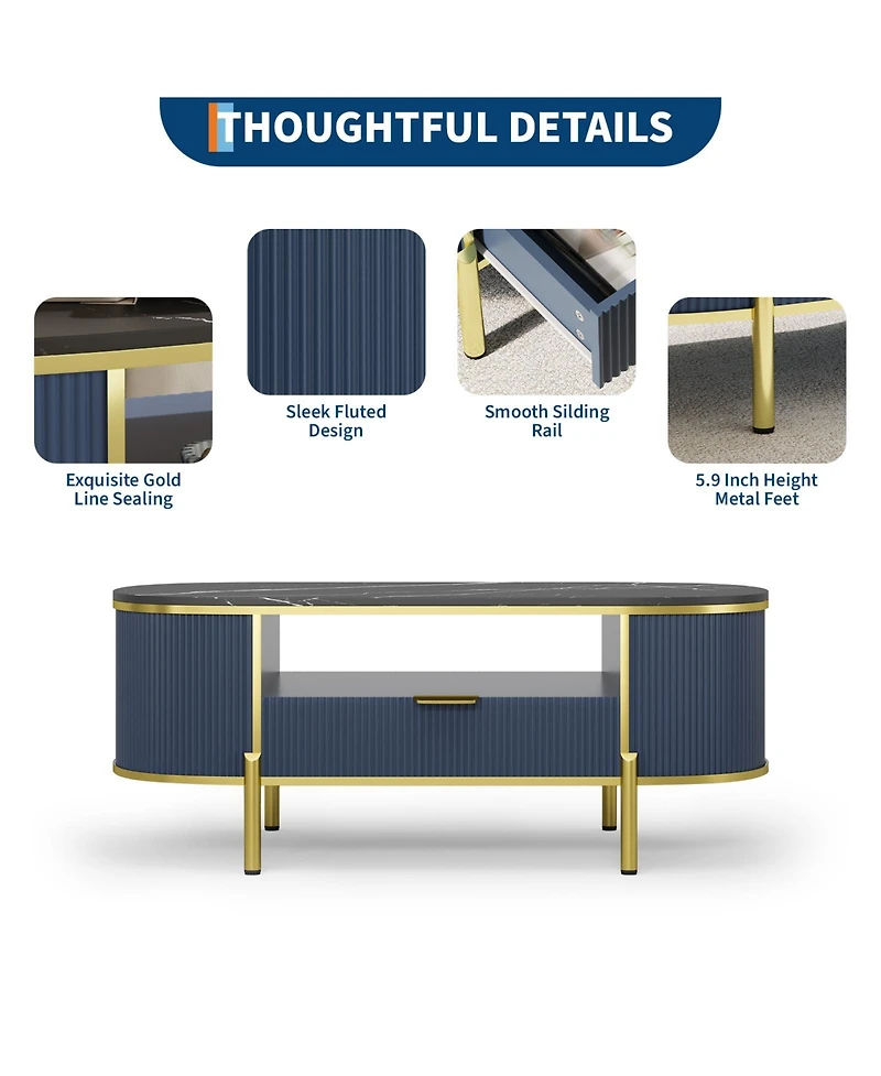 homfan Modern Oval Fluted Coffee Table, Faux Marble Top, 2-Tier Storage Shelf, Drawer, Metal Legs, Elegant Center Table for Living Room, Apartment
