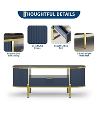 homfan Modern Oval Fluted Coffee Table, Faux Marble Top, 2-Tier Storage Shelf, Drawer, Metal Legs, Elegant Center Table for Living Room, Apartment