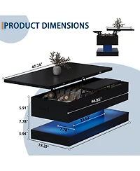 homfan 47.2 Inch Large Lift Top Coffee Table Modern High Glossy Led Storage with App Control for Living Room Dining Home Office