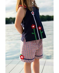 Florence Eiseman Little Girls Plaid Seersucker Shorts With Ric Rac and Flowers