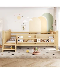Streamdale Furniture Full Size Floor Bed with Storage Bookcases, Stairs, and Guardrails