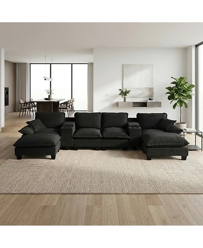 Streamdale Modular U-Shape Cloud Couch with Storage, Cup Holders, Usb and Ottomans, Black