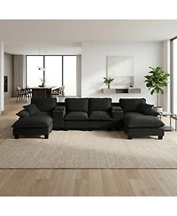 Streamdale Modular U-Shape Cloud Couch with Storage, Cup Holders, Usb and Ottomans, Black