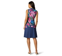 Adrianna Papell Petite Border Floral V-Neck Midi Dress
