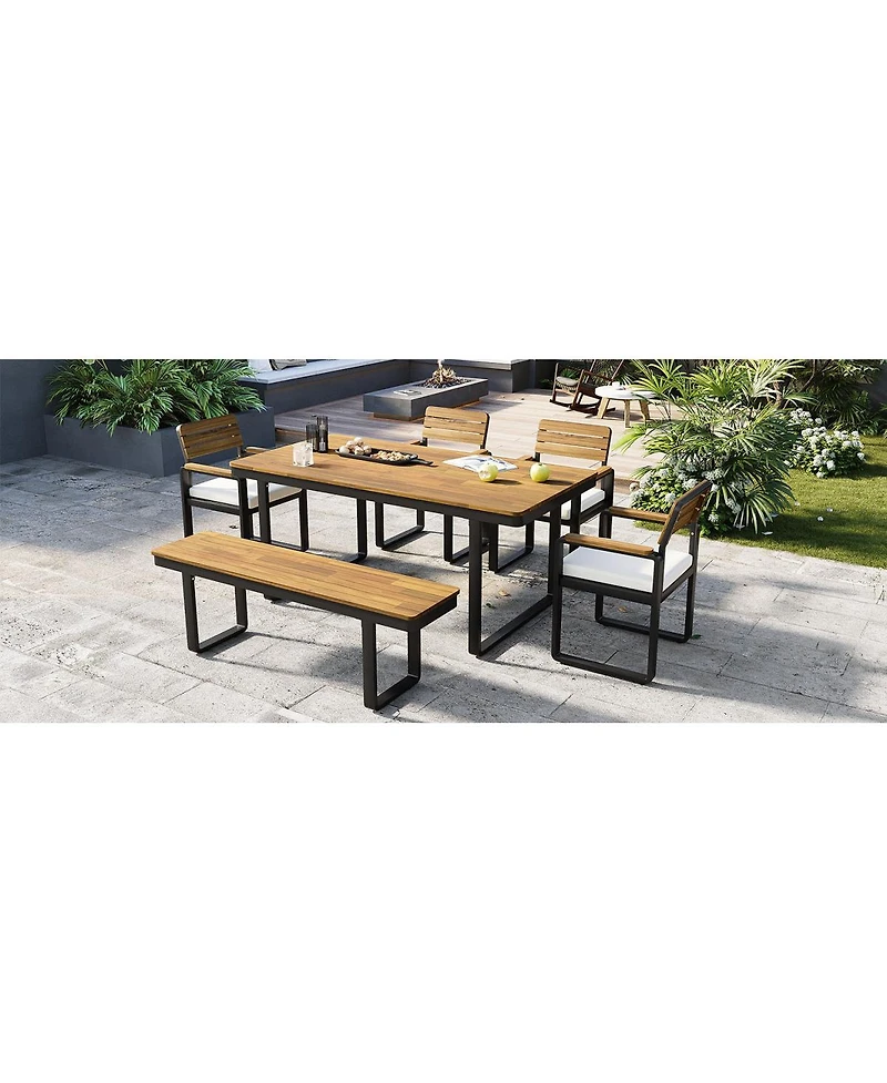 Streamdale Furniture 6-Piece Acacia Wood Outdoor Dining Set with Cushions, Table, Chairs and Bench