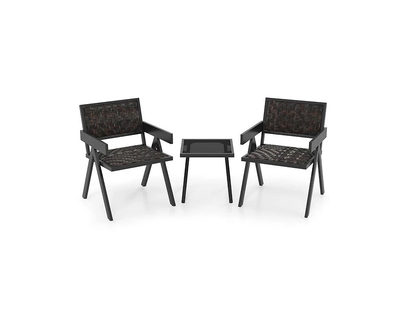 Lucky One 3 Piece Patio Wicker Bistro Set with Quick Dry Foam Cushions Glass Table