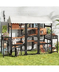 6thdruple Outdoor Cat Enclosure, Multi-Level Wood Catio with Plant Stands, Roof for Backyard Patio