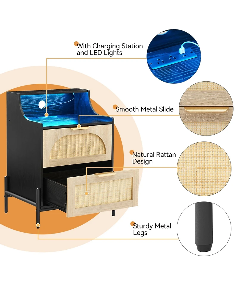 homfan Rattan Nightstand with Charging Station Led Light, 2 Decorative Rattan Drawers and Open Shelves Modern Small End Table for Living Room