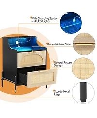 homfan Rattan Nightstand with Charging Station Led Light, 2 Decorative Rattan Drawers and Open Shelves Modern Small End Table for Living Room