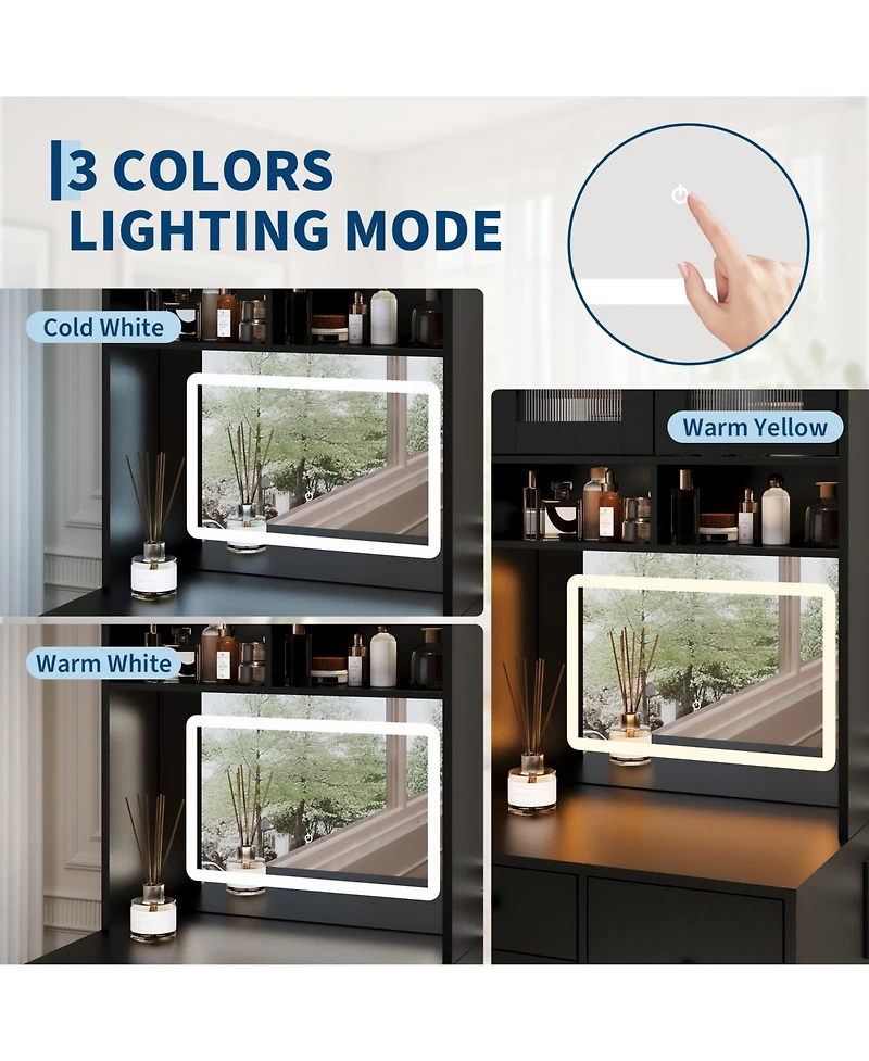 gaomon Compact 3-in-1 Vanity Desk with Mirror and Led Lights - Modern Makeup Table Drawers, Storage Compartment, Rolling Chair