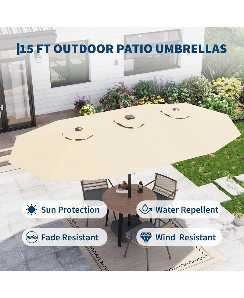 gaomon 15 Ft Patio Umbrella with Solar lights and Base Included for Garden, Pool, Deck