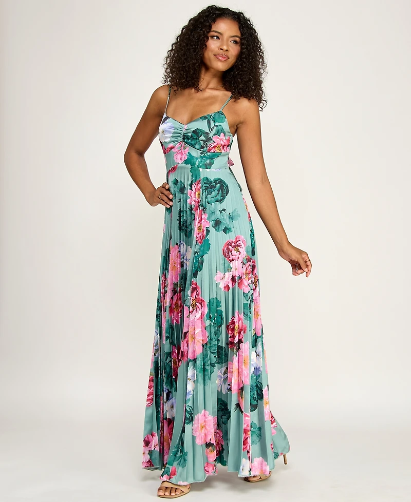Katia Rae Juniors' Floral Tie-Back Pleated Dress