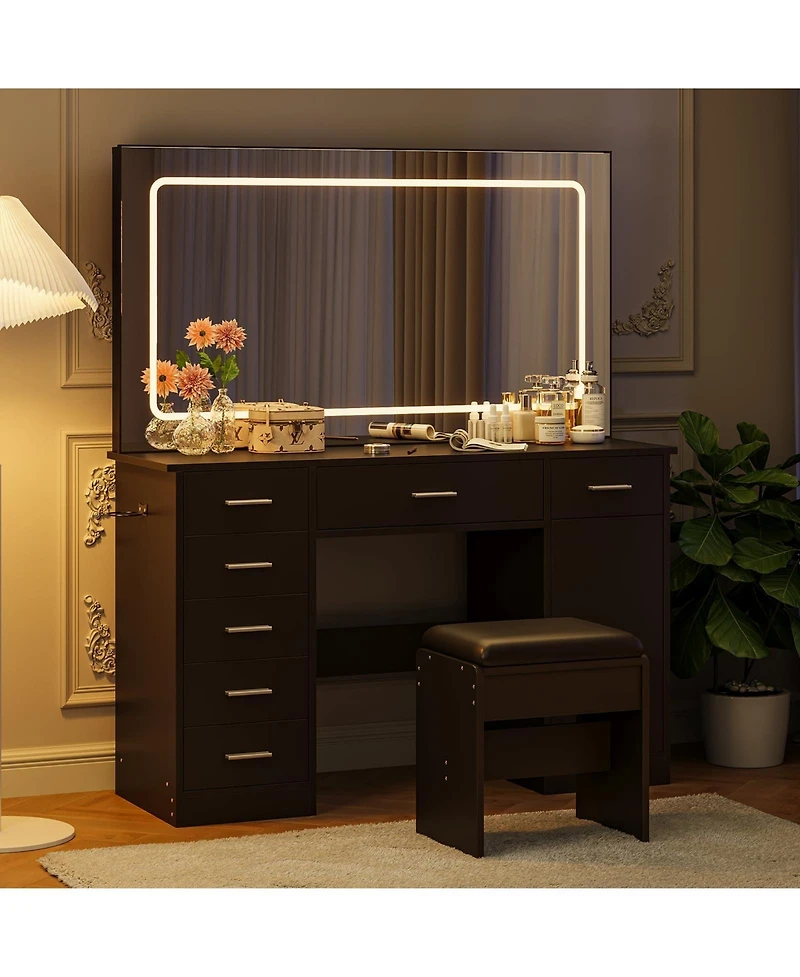 gaomon Modern Vanity Desk Set with Mirror, 7 Drawers, 3-Mode Led Lighting, Hair Dryer Holder - Makeup Dressing Table with Chair for Bedroom
