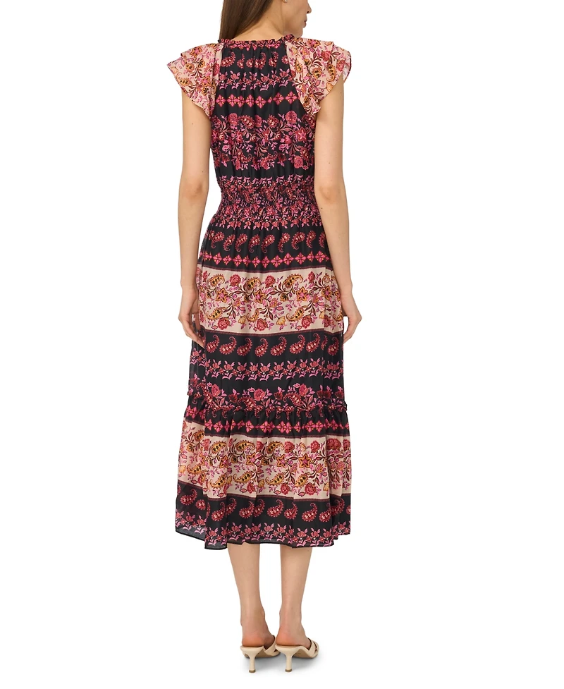 CeCe Women's Tie-Neck Smocked Waist Printed Dress