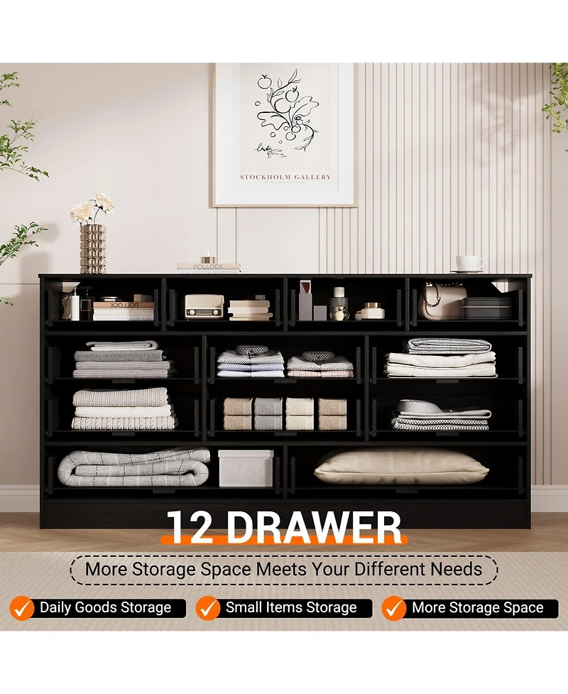 homfan Modern 12 Drawer Sturdy Wood Dresser- Extra Wide Chest with Deep Storage - Tv Stand for 65 Inch Versatile Living Room, Closet