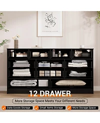 homfan Modern 12 Drawer Sturdy Wood Dresser- Extra Wide Chest with Deep Storage - Tv Stand for 65 Inch Versatile Living Room, Closet