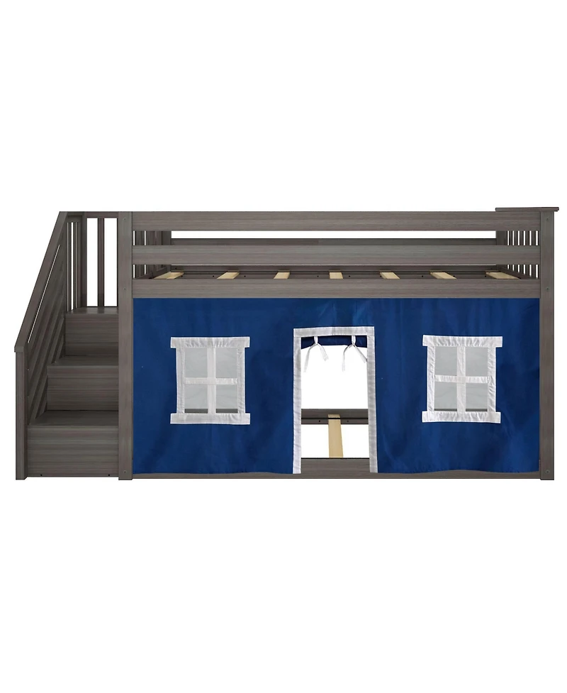 Max & Lily Twin Low Bunk Bed with Staircase and Curtains