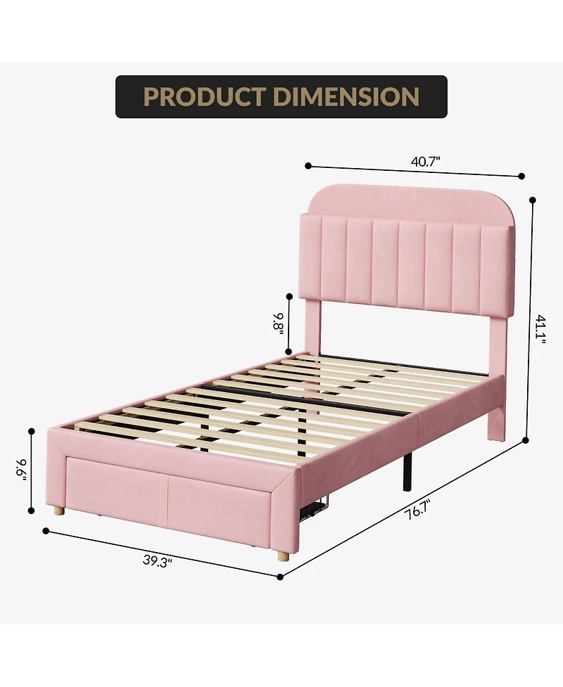 homfan Twin Bed Frame for Kids, Upholstered Platform Bed with Storage Drawer and Bookcase Headboard, Noise-Free Easy Assembly Bed