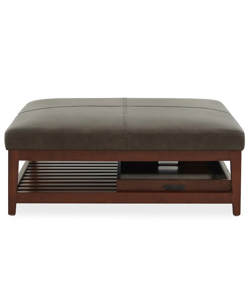 Jacey 17" Leather Square Wood Tray Ottoman